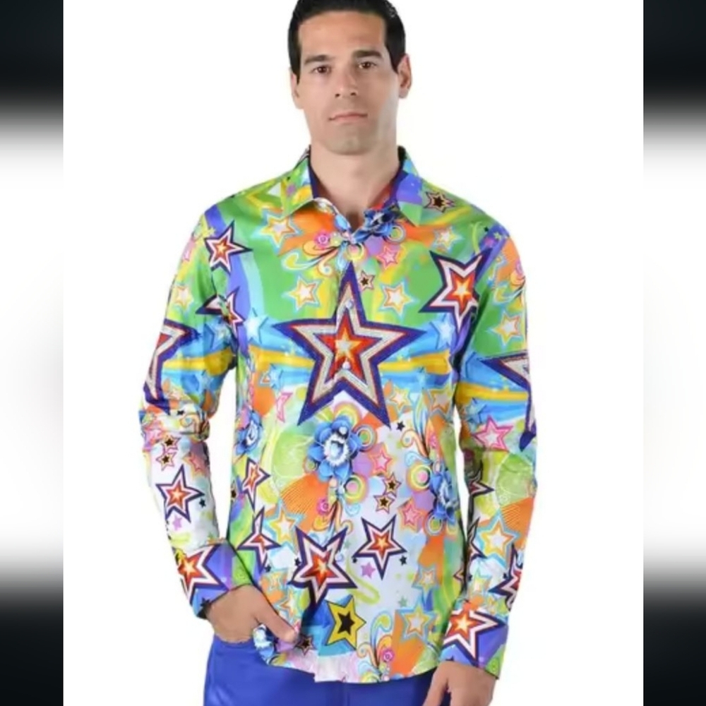 Men's Multicolor Star-Print Long Sleeve Button-Down Shirt
